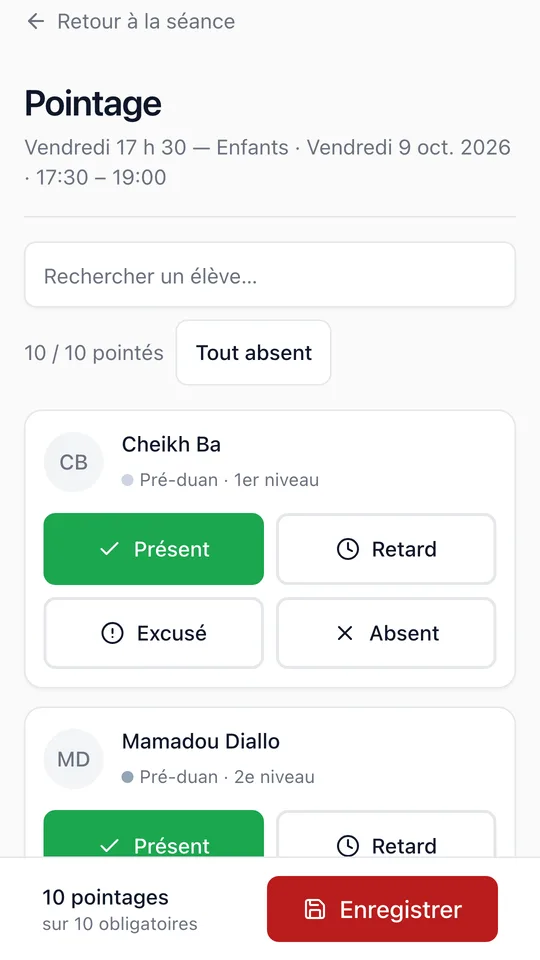 Appel de la séance du vendredi sur téléphone : présent, retard, excusé, absent